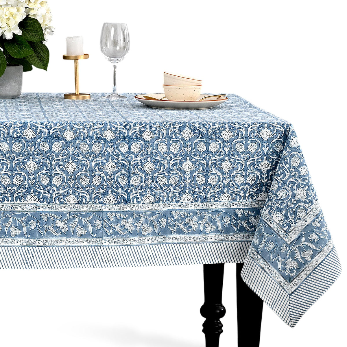 CPC Tablecloth 100% Cotton 70x108 Inch Indian Block Print Rectangle Table Cover, Blue Table Cloth for Weddings, Spring/Summer, Barbeque - Apatite Blue