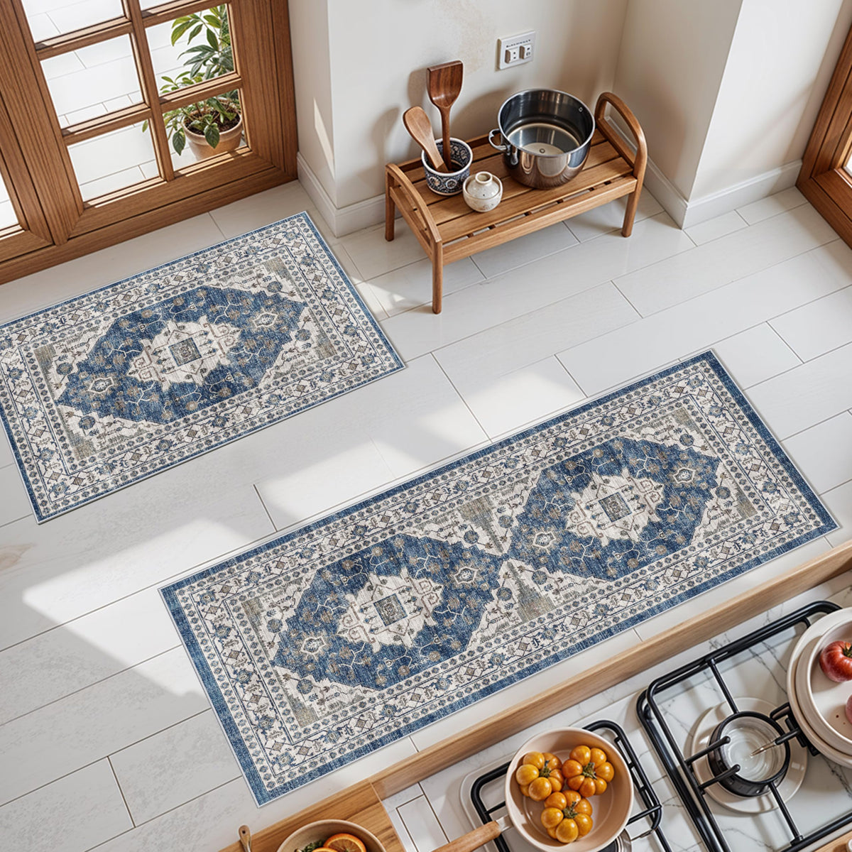 Hallway Washable Runner Rug - 2x10 Kitchen Rugs Entryway Rug Runner Vintage Soft Floor Mat Non Slip Indoor Farmhouse Carpet for Bathroom Living Room Bedroom (2 X 10, Beige)