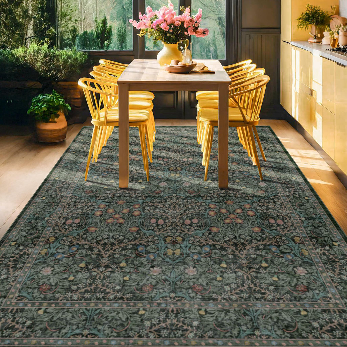 Vintage Floral Dark Green 3x5 Area Rugs for Entryway, Kitchen, Bedroom Beside Rug, Laundry Room, Non-Slip Low Pile Ultra Soft Stain Resistant Small Carpet