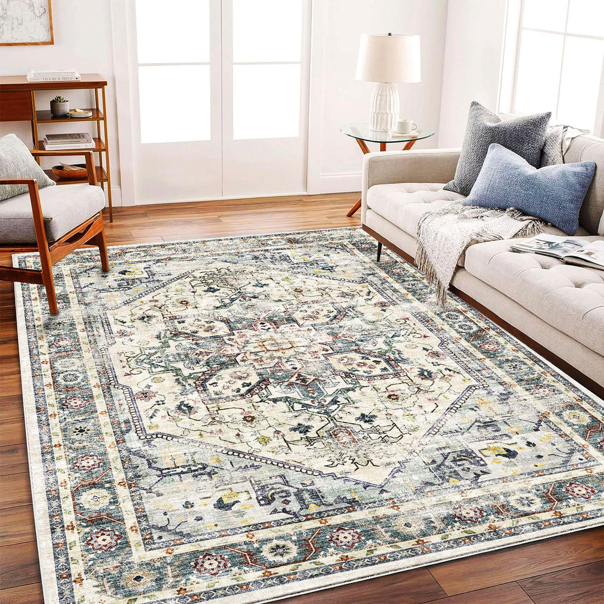 CHAMPLANT 6'x9' Washable Vintage Area Rug Boho Chic Medallion Distressed Design Non-Shedding Easy Care Ideal for High Traffic Areas in Living Room Bedroom Kitchen Office Large Carpet