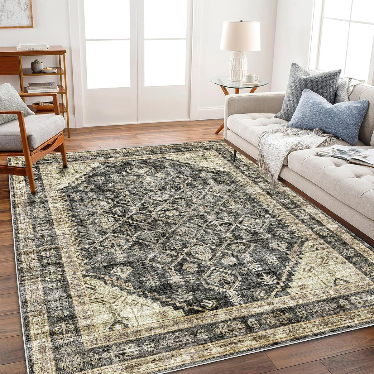 CHAMPLANT 6'x9' Washable Vintage Area Rug Boho Chic Medallion Distressed Design Non-Shedding Easy Care Ideal for High Traffic Areas in Living Room Bedroom Kitchen Office Large Carpet