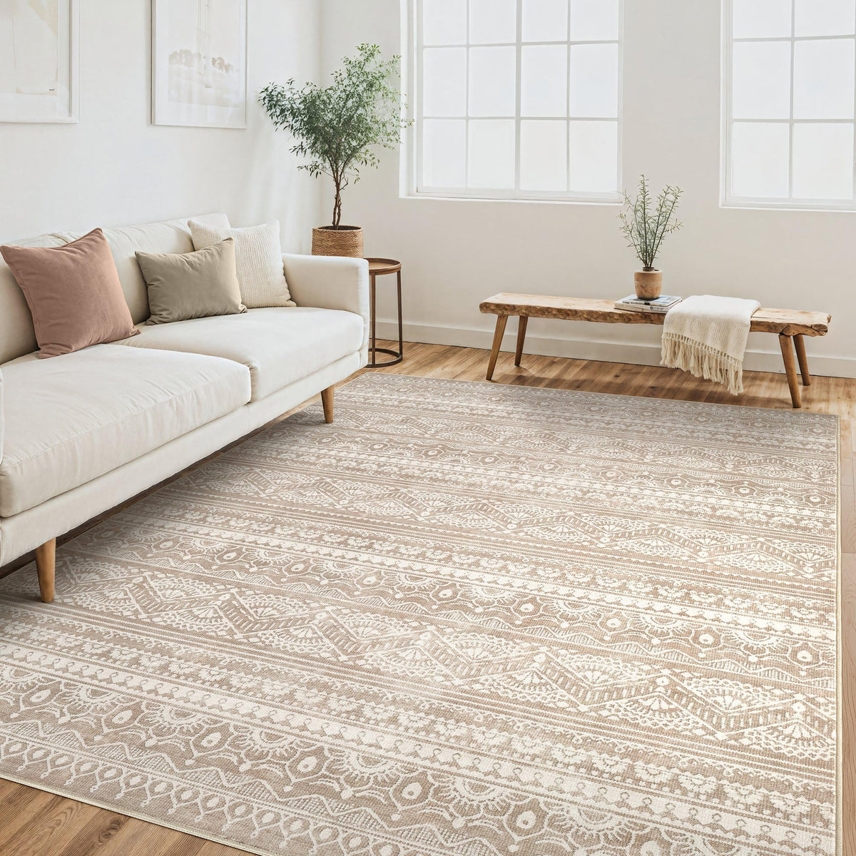 Tortania Area Rug Living Room Rugs - 5x7 Washable Large Soft Neutral Boho Moroccan Bohemian Farmhouse Rug Indoor Floor Carpet for Bedroom Under Dining Table Home Office Decor - Cream Brown