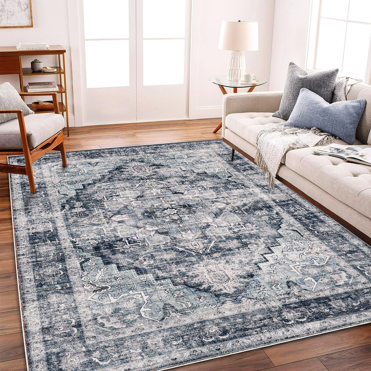 CHAMPLANT 6'x9' Washable Vintage Area Rug Boho Chic Medallion Distressed Design Non-Shedding Easy Care Ideal for High Traffic Areas in Living Room Bedroom Kitchen Office Large Carpet