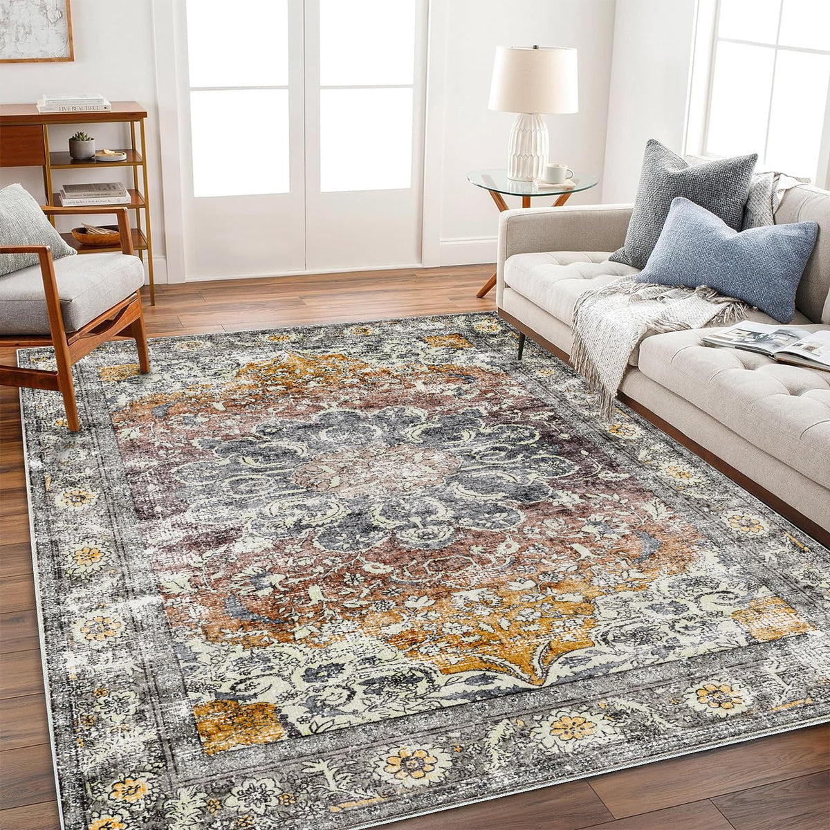 CHAMPLANT 6'x9' Washable Vintage Area Rug Boho Chic Medallion Distressed Design Non-Shedding Easy Care Ideal for High Traffic Areas in Living Room Bedroom Kitchen Office Large Carpet