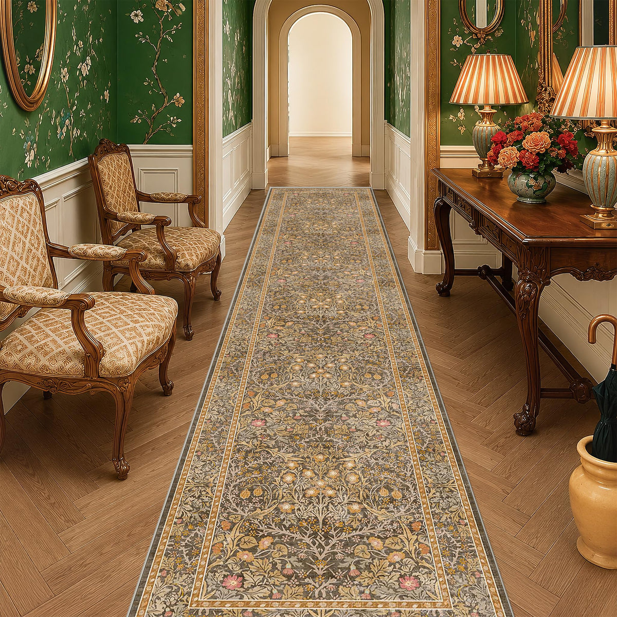 Vintage Floral Dark Green 3x5 Area Rugs for Entryway, Kitchen, Bedroom Beside Rug, Laundry Room, Non-Slip Low Pile Ultra Soft Stain Resistant Small Carpet