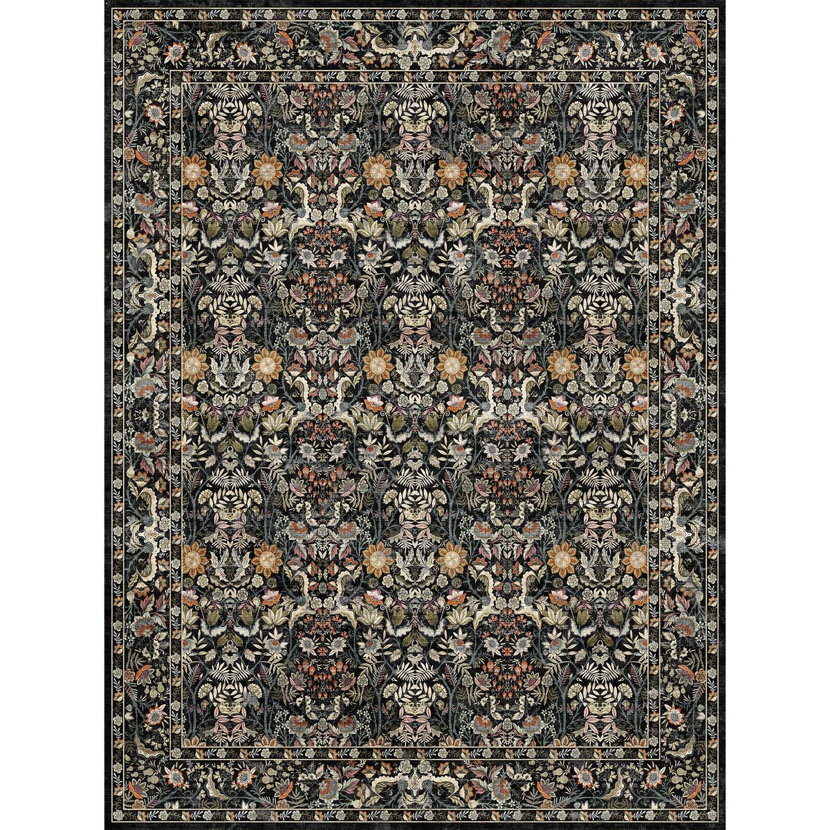 Vintage Botanical Area Rug 8x10: Floral Carpet Non-Slip - Dark Green