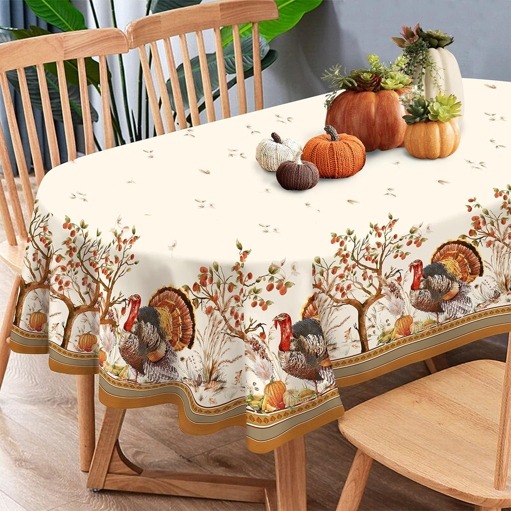 Fall Thanksgiving Double Border Decoration Tablecloth, Turkey & Pumpkin Harvest Tablecloths, Waterproof Table Cover for Dinner Kitchen Party Holiday Decorations Oval 54 x 72 Inch