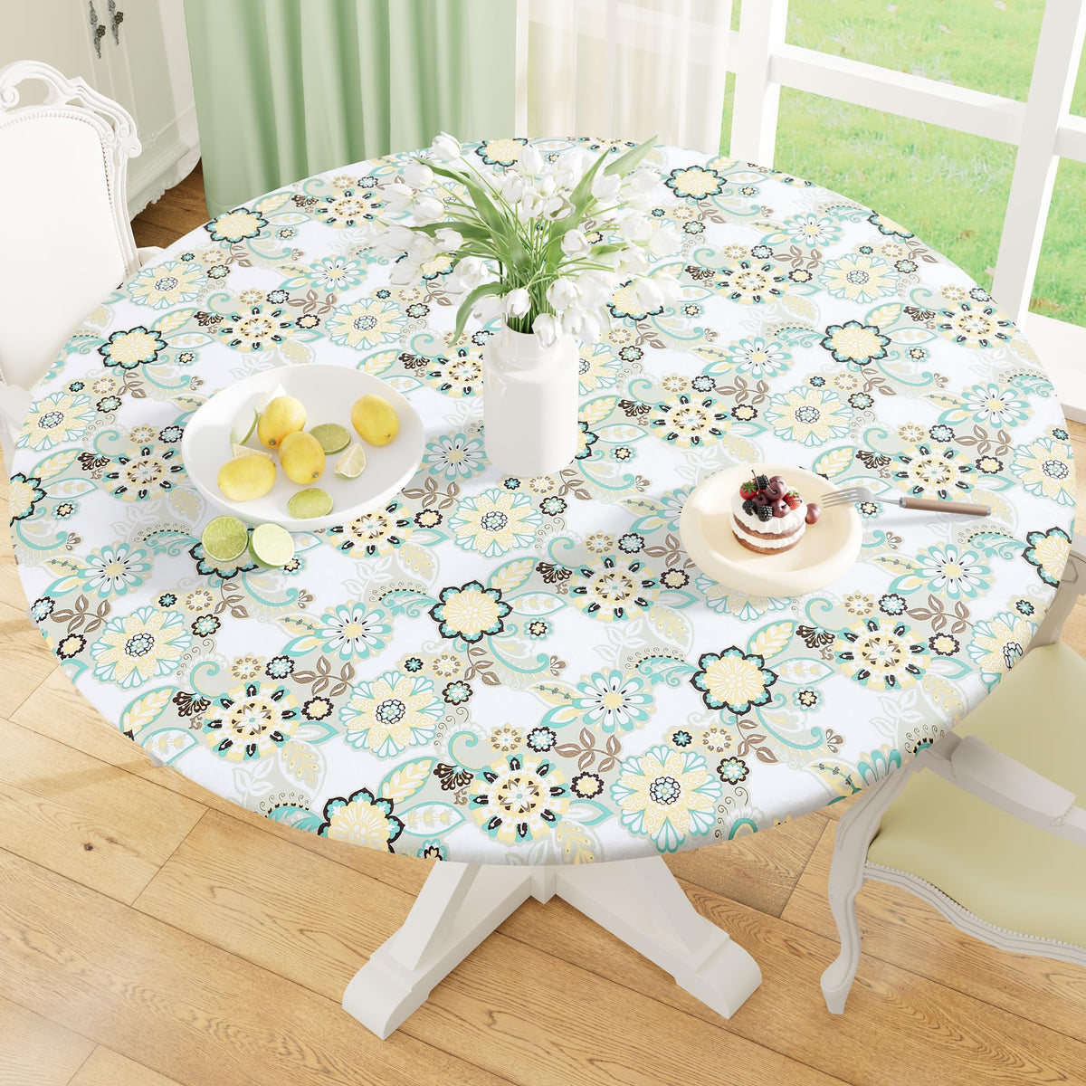 misaya Round Fitted Tablecloth with Elastic Edge, 100% Waterproof Oil Proof Plastic Table Cover, Vinyl Flannel Backed Tablecloth Fits 36"-44" Round Tables for Dinner, Outdoor, Picnic, Flowers