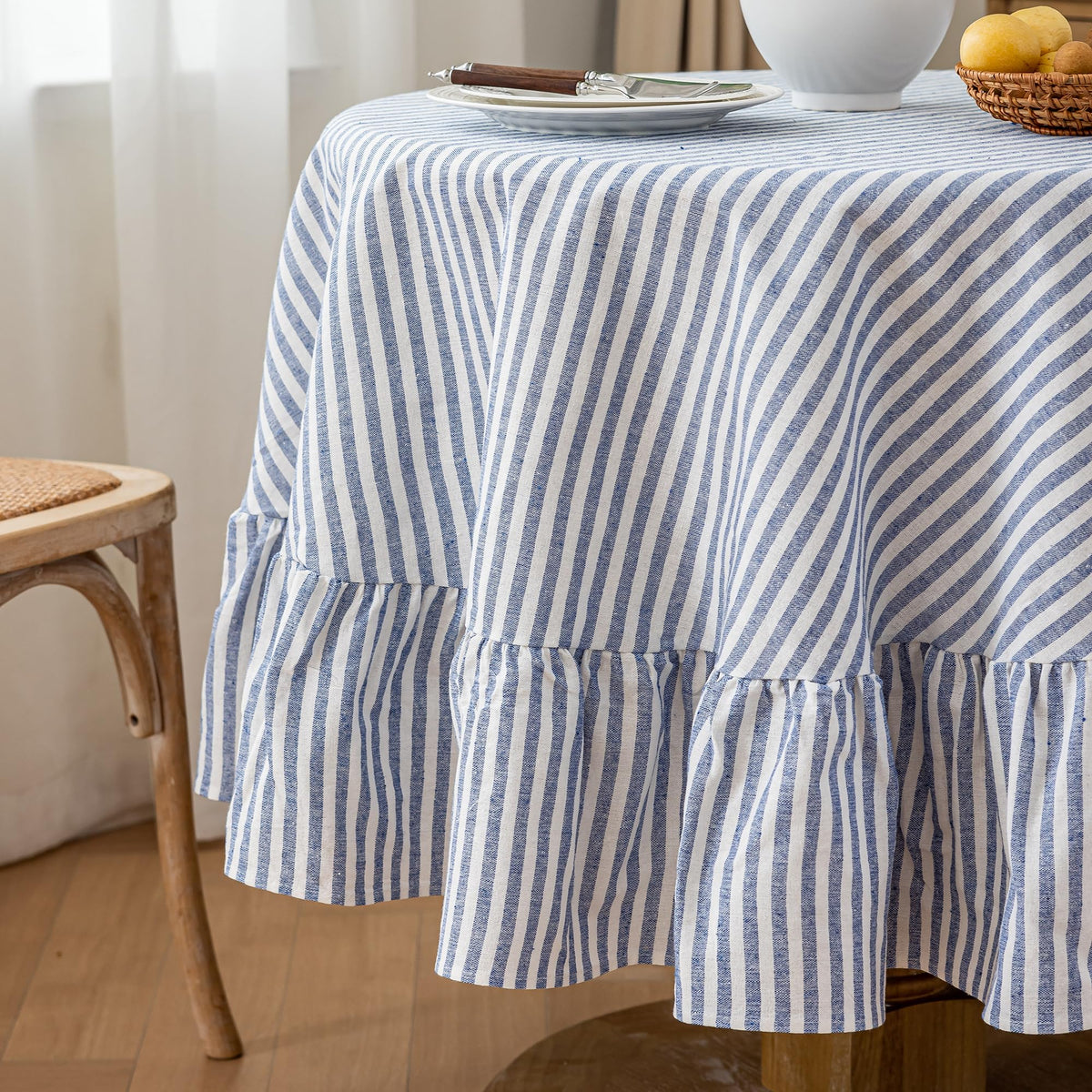 Striped Cotton Blend Tablecloth Ruffled Table Cloth Blue, 60"×120"