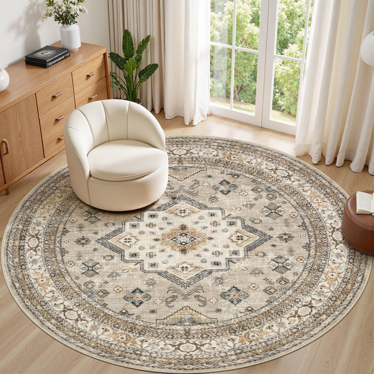 cotiled 5x7 Area Rug for Living Room, Washable, Traditional, Beige