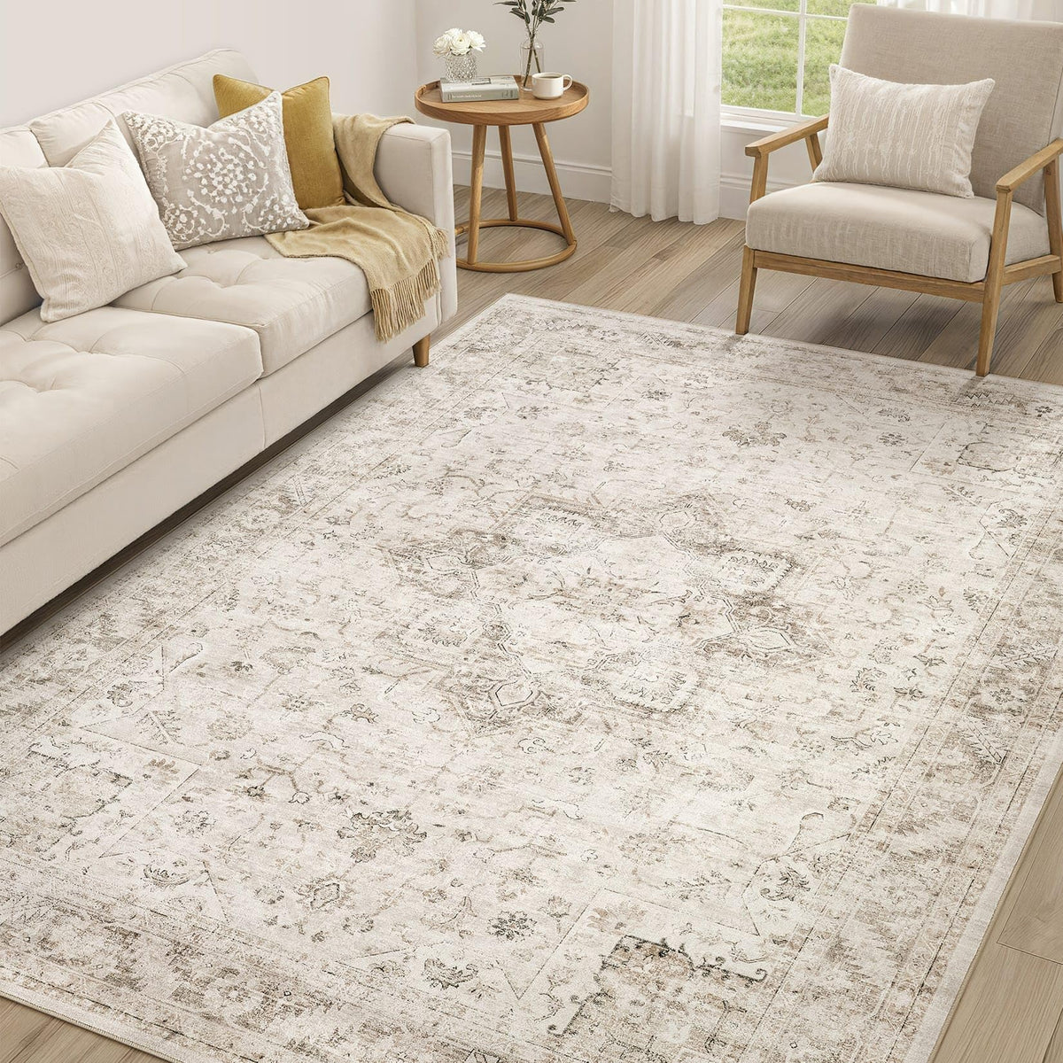 cotiled 5x7 Area Rug for Living Room, Washable, Traditional, Beige