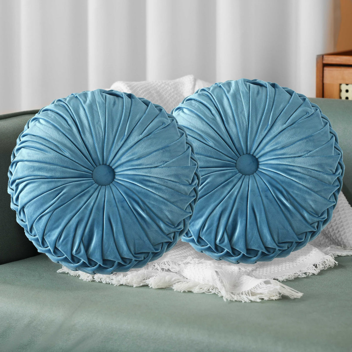 HIG Set of 2 Olive Velvet Decorative Round Pleated Throw Pillows