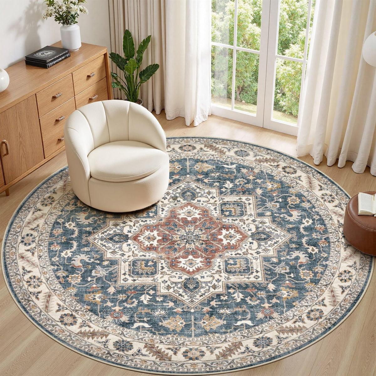 cotiled 5x7 Area Rug for Living Room, Washable, Traditional, Beige