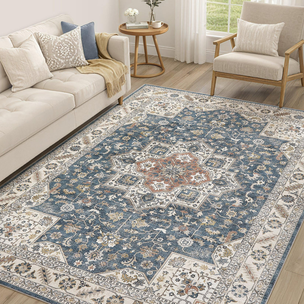 cotiled 5x7 Area Rug for Living Room, Washable, Traditional, Beige