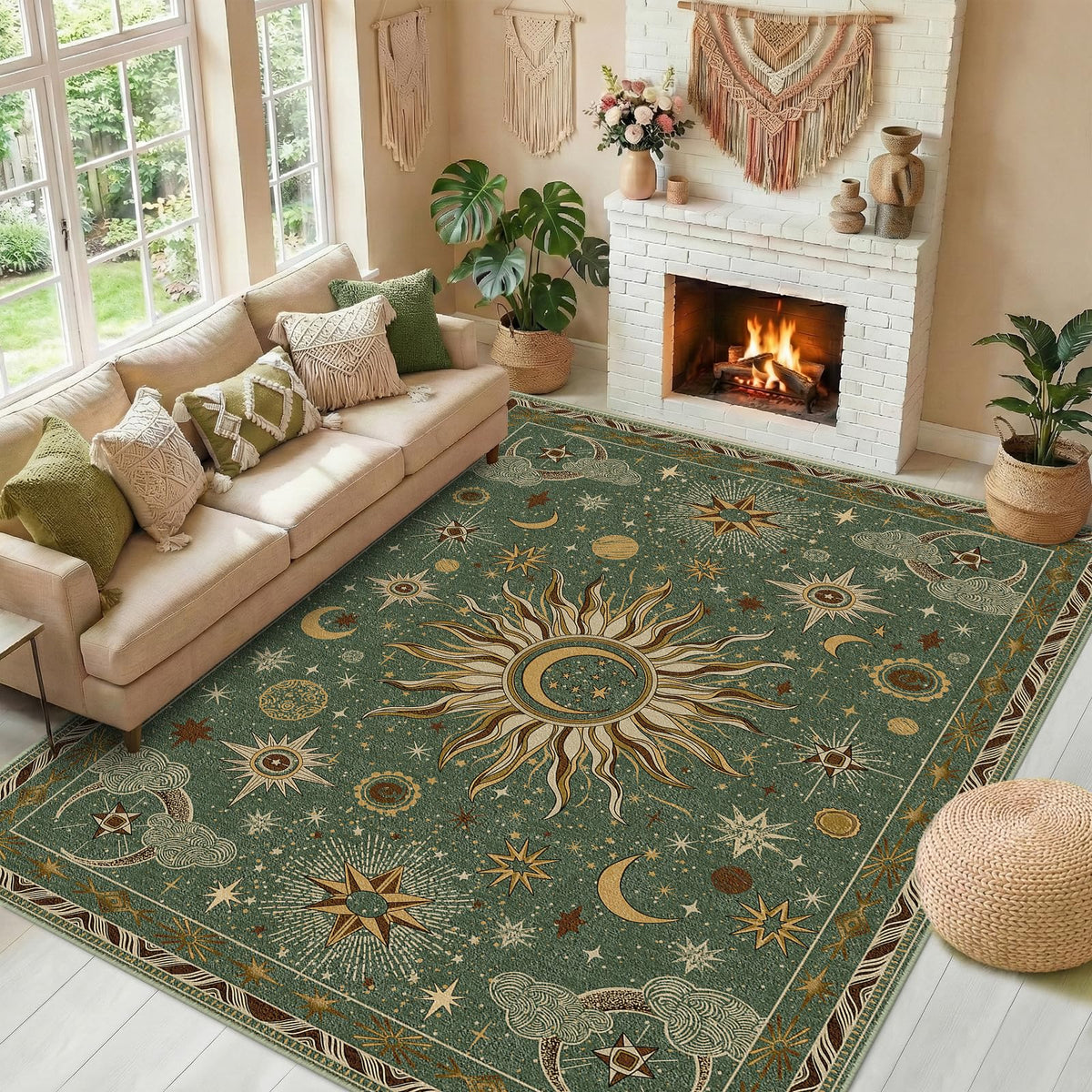 Vacuum-Friendly, 5x7 Washable Area Rug, Black Gold Beige Red