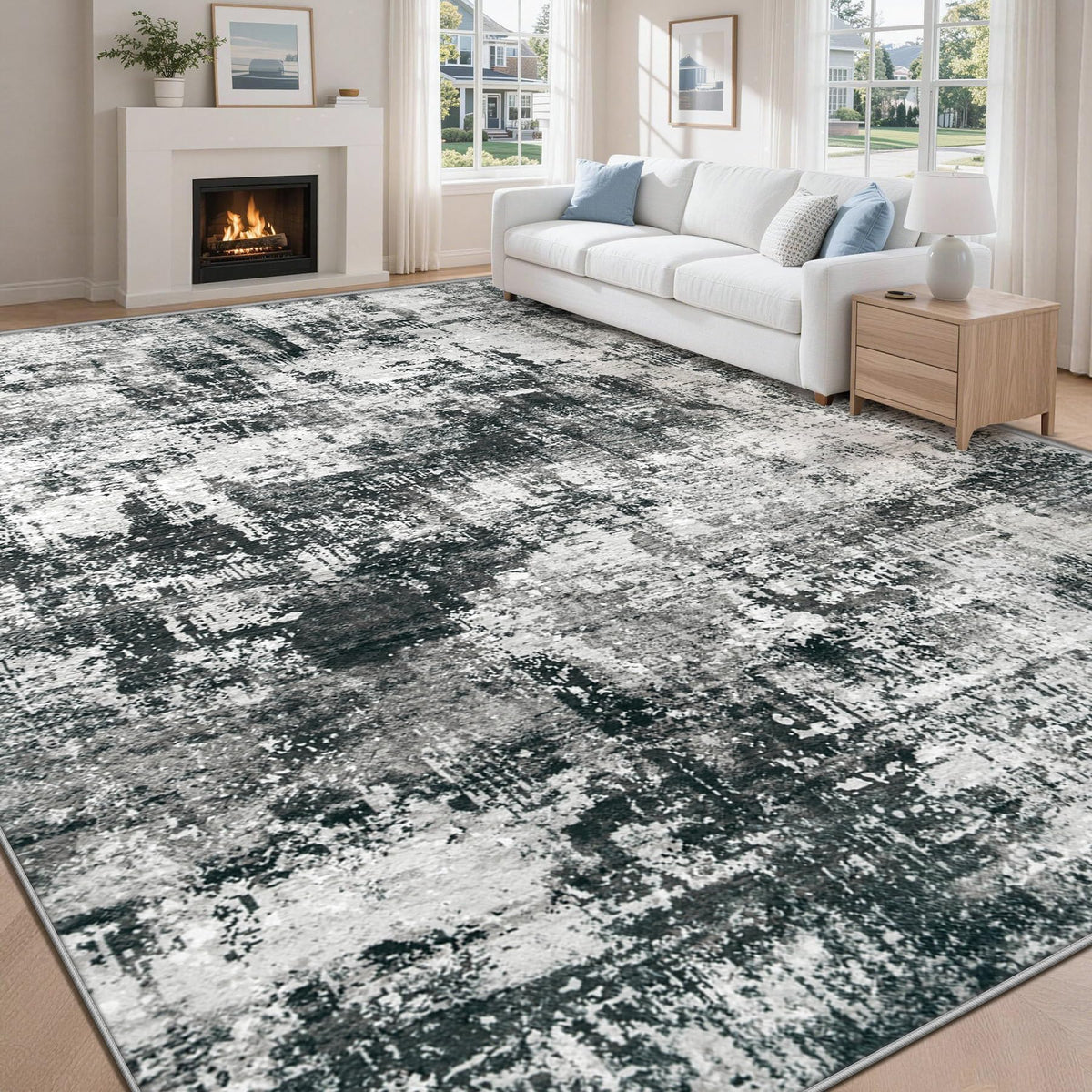 MXSANYOO 8x10 Area Rugs Washable Rug: Abstract Neutral Rugs Modern Non Slip Area Rug Stain Resistant Low Pile Indoor Carpet for Dining Room Bedroom Nursery Office (Multi Blue, 8'x10')