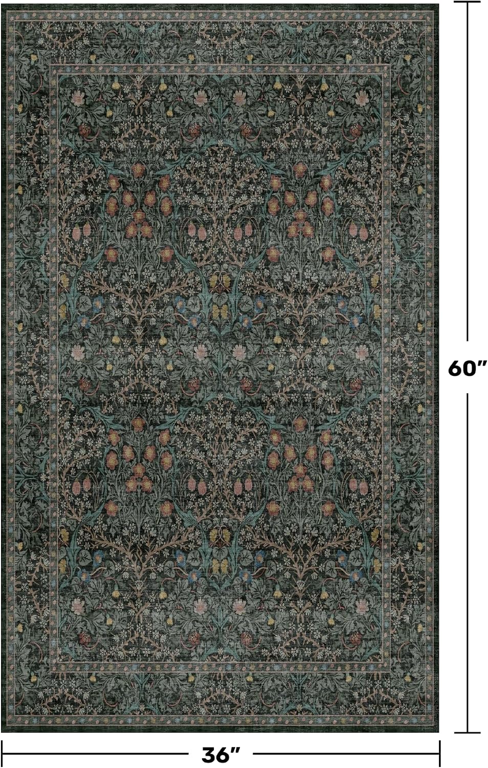 Vintage Floral Dark Green 3x5 Area Rugs for Entryway, Kitchen, Bedroom Beside Rug, Laundry Room, Non-Slip Low Pile Ultra Soft Stain Resistant Small Carpet