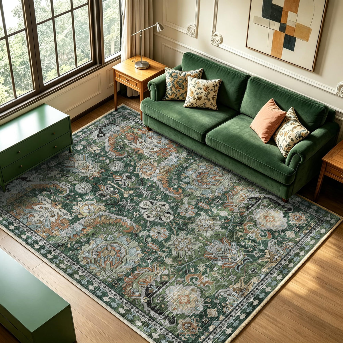 RUGSURE Washable Area Rugs - Perfect for Living Room, Bedroom, Kids Room, Nursery - Stain & Water Resistant Non-Slip, Pet & Child Friendly, Vintage Tribal Area Rugs (Green, 5' x 7')