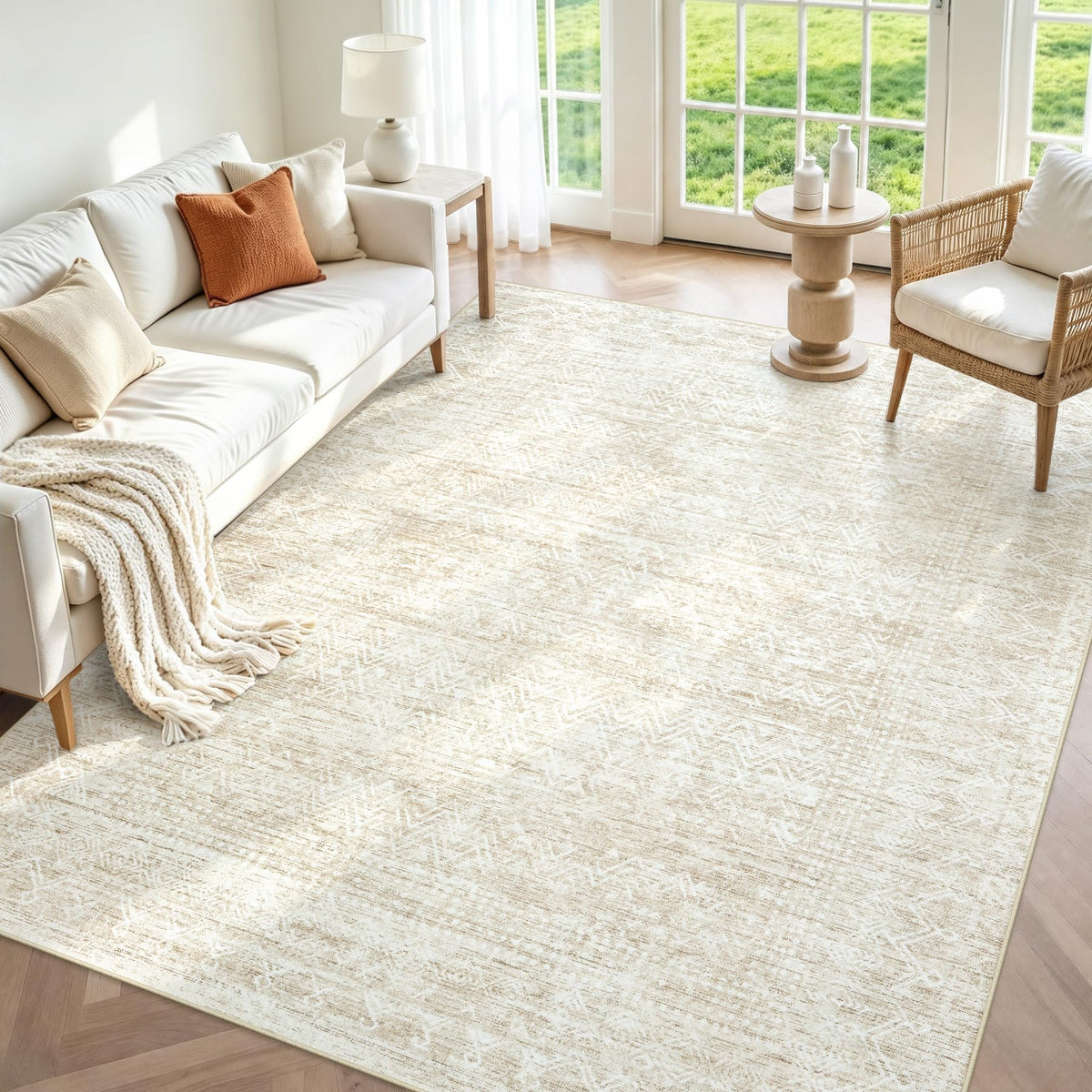 6x9 Area Rugs, Beige Washable Geometric Boho Rug for Living Room, Bedroom