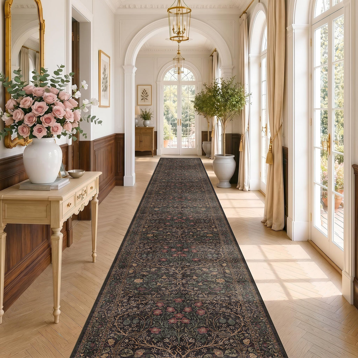 Vintage Floral Dark Green 3x5 Area Rugs for Entryway, Kitchen, Bedroom Beside Rug, Laundry Room, Non-Slip Low Pile Ultra Soft Stain Resistant Small Carpet