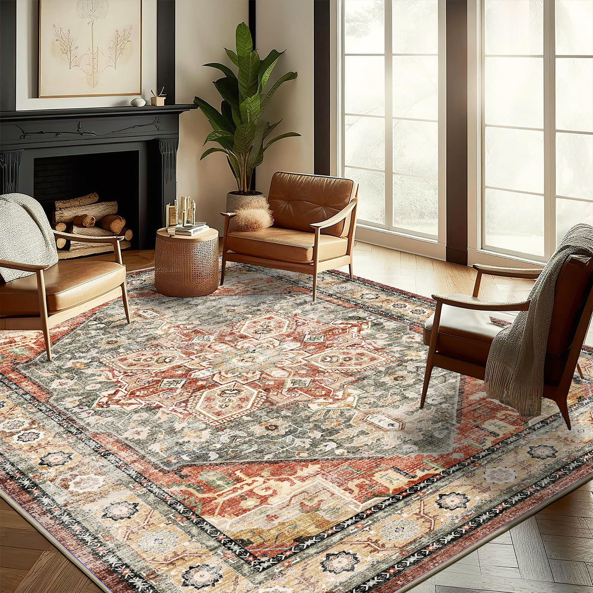 CHAMPLANT 6'x9' Washable Vintage Area Rug Boho Chic Medallion Distressed Design Non-Shedding Easy Care Ideal for High Traffic Areas in Living Room Bedroom Kitchen Office Large Carpet