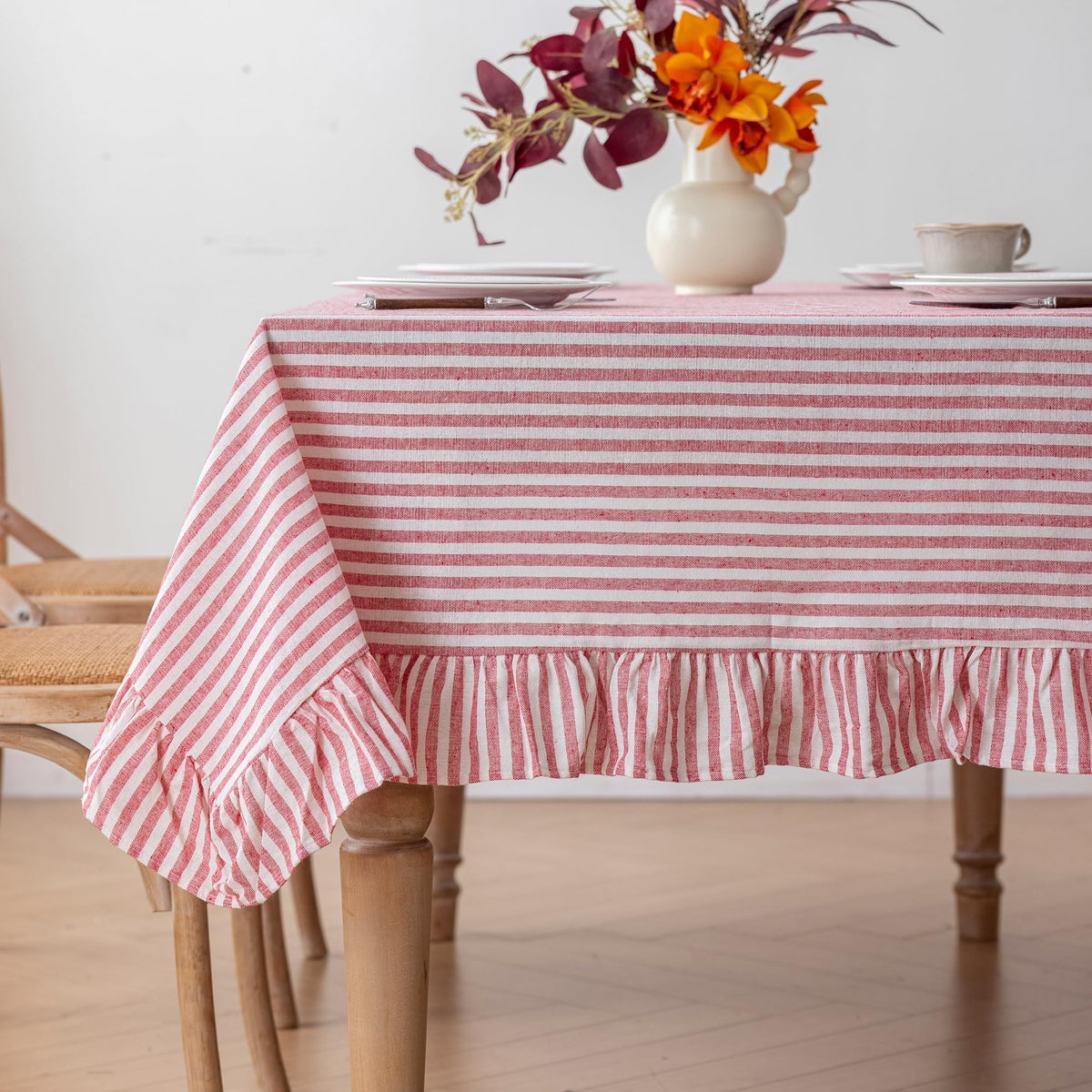 Striped Cotton Blend Tablecloth Ruffled Table Cloth Blue, 60"×120"