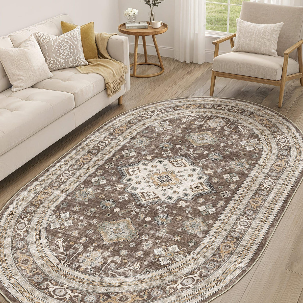 cotiled 5x7 Area Rug for Living Room, Washable, Traditional, Beige