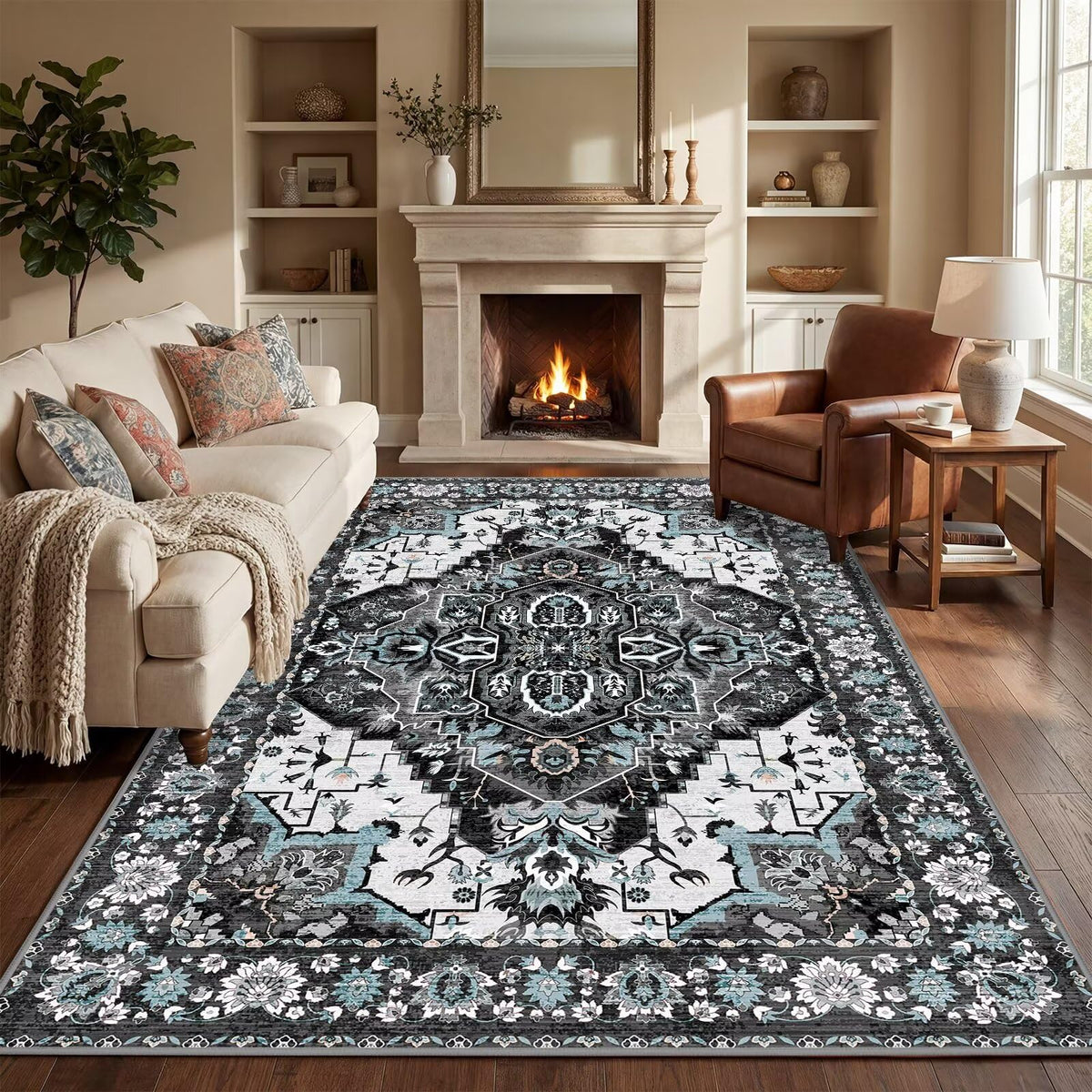 Washable 9x12 Area Rug for Living Room, Non-Slip Large Pink Bedroom Rugs