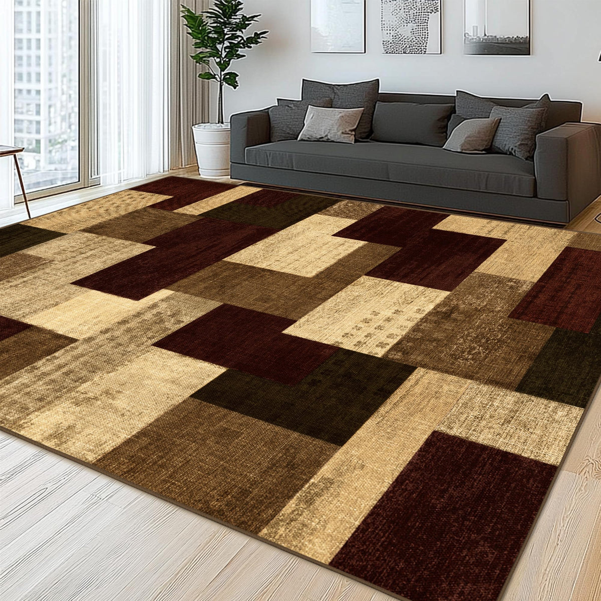Modern Geometric Patchwork Indoor Area Rug for Living Room, Chocolate 5'x 7' Large Rug Rockwood Collection Hardwood Floors Decor for Bedroom, Brown Throw Carpet for Office Entryway Dining Room