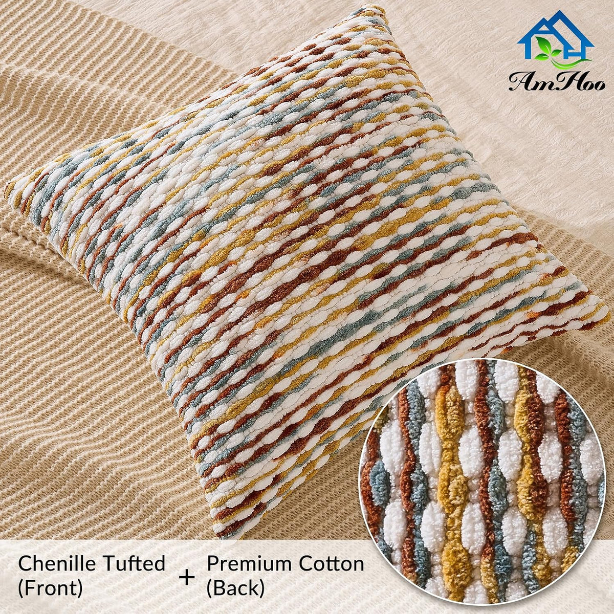 AmHoo Set of 2 Boho Chenille Pillow Cover Decorative Tufted Pillowcase for Couch Bed Sofa Bedroom Living Room Modern 18 x 18-Inch Brown
