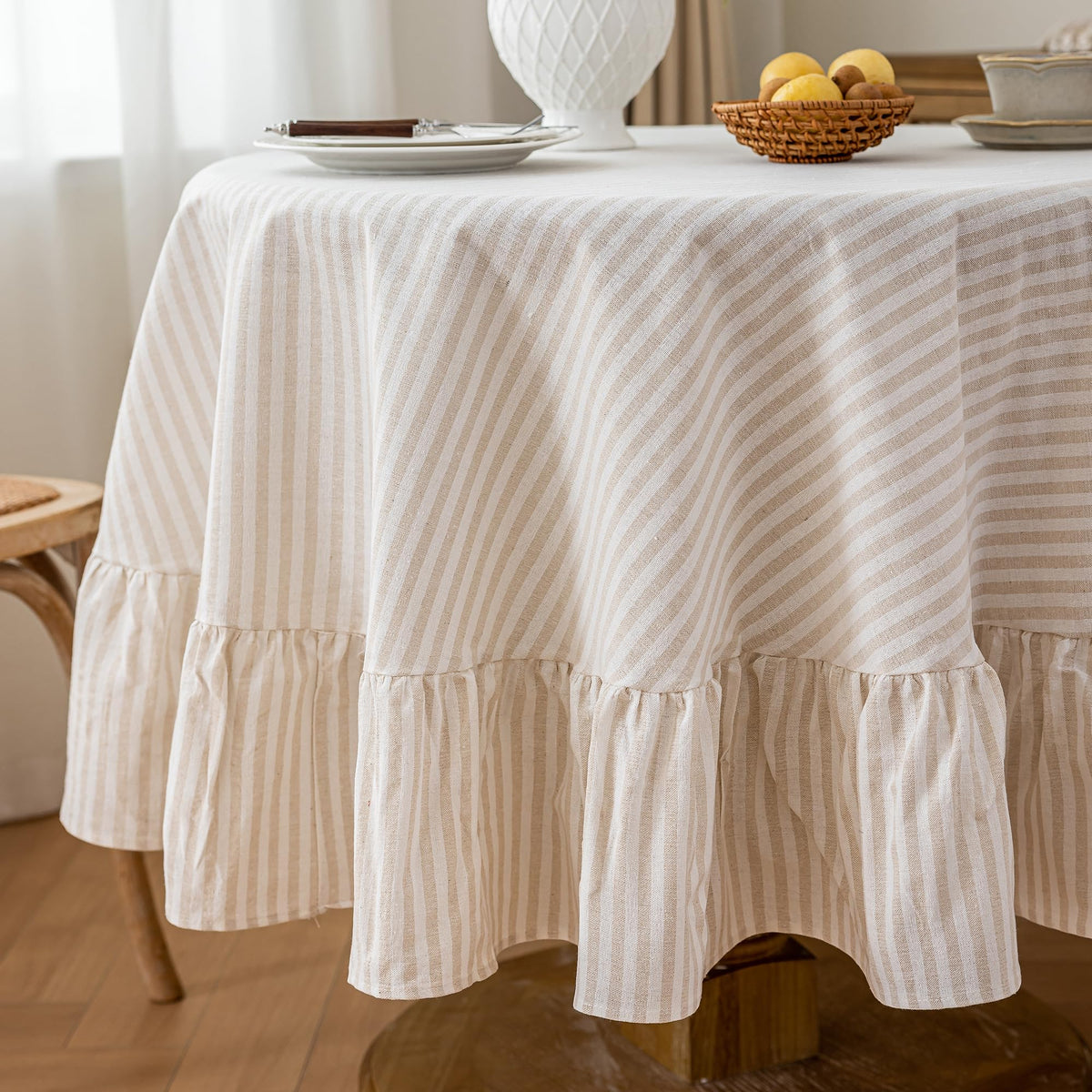Striped Cotton Blend Tablecloth Ruffled Table Cloth Blue, 60"×120"