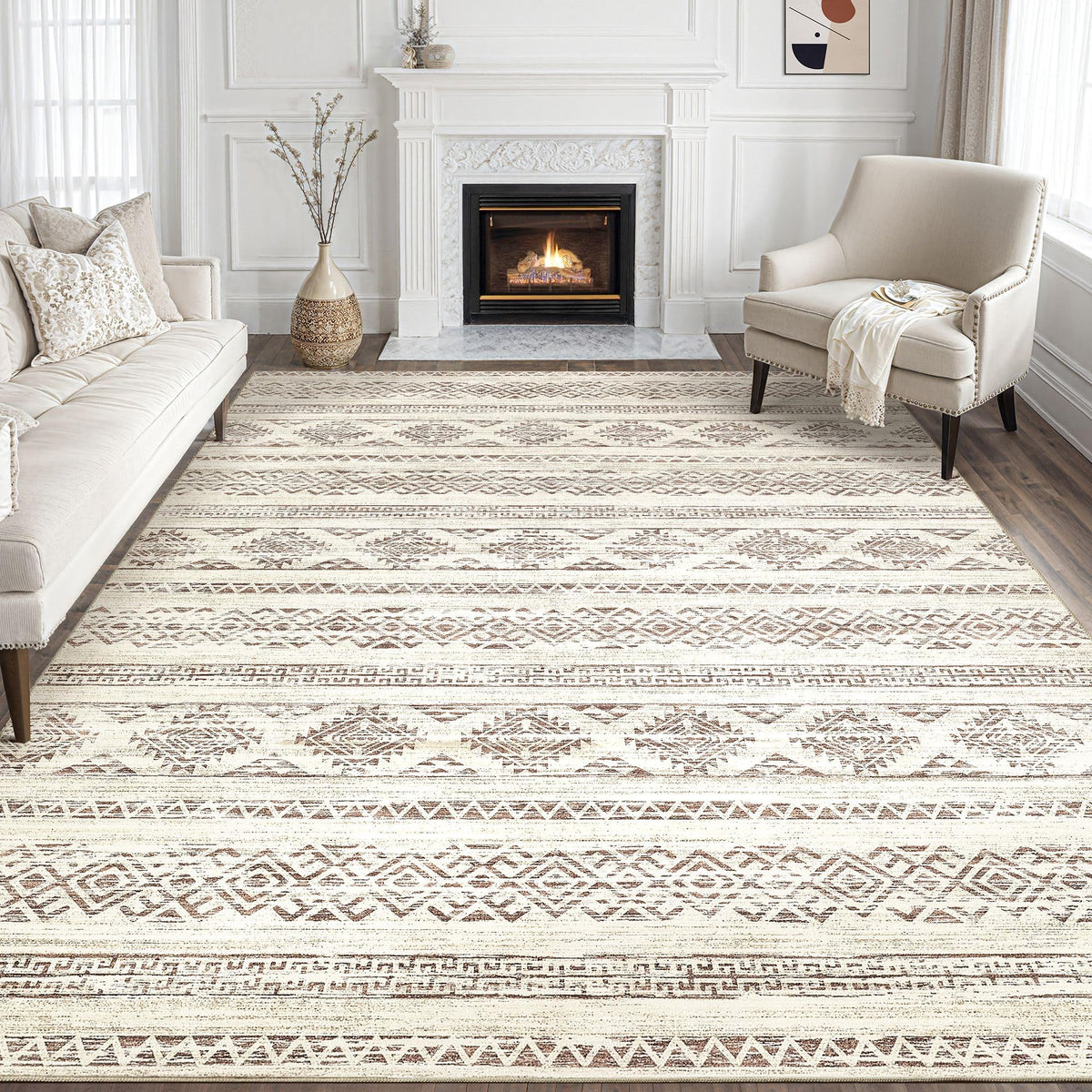 Tortania Area Rug Living Room Rugs - 5x7 Washable Large Soft Neutral Boho Moroccan Bohemian Farmhouse Rug Indoor Floor Carpet for Bedroom Under Dining Table Home Office Decor - Cream Brown