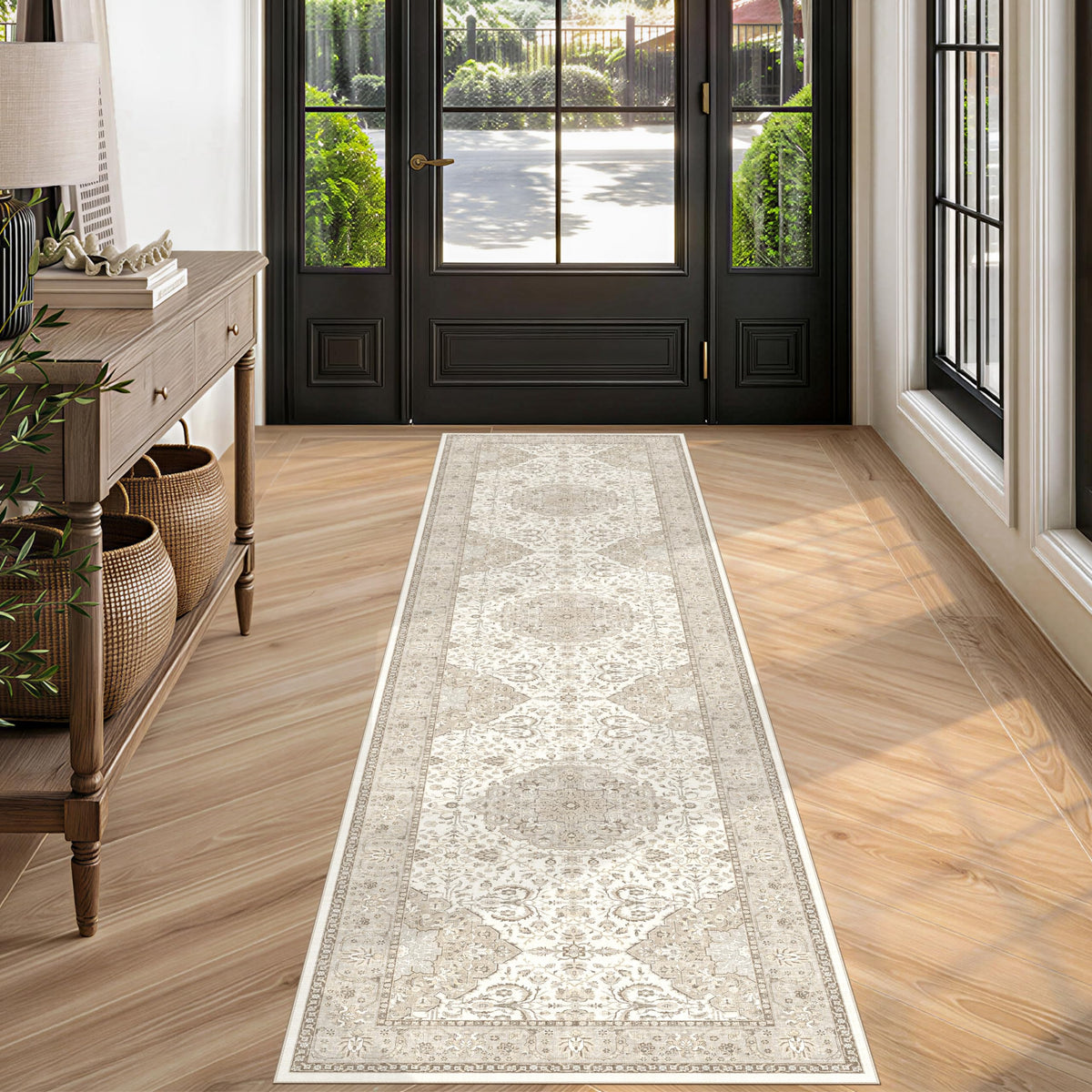 Hallway Washable Runner Rug - 2x10 Kitchen Rugs Entryway Rug Runner Vintage Soft Floor Mat Non Slip Indoor Farmhouse Carpet for Bathroom Living Room Bedroom (2 X 10, Beige)