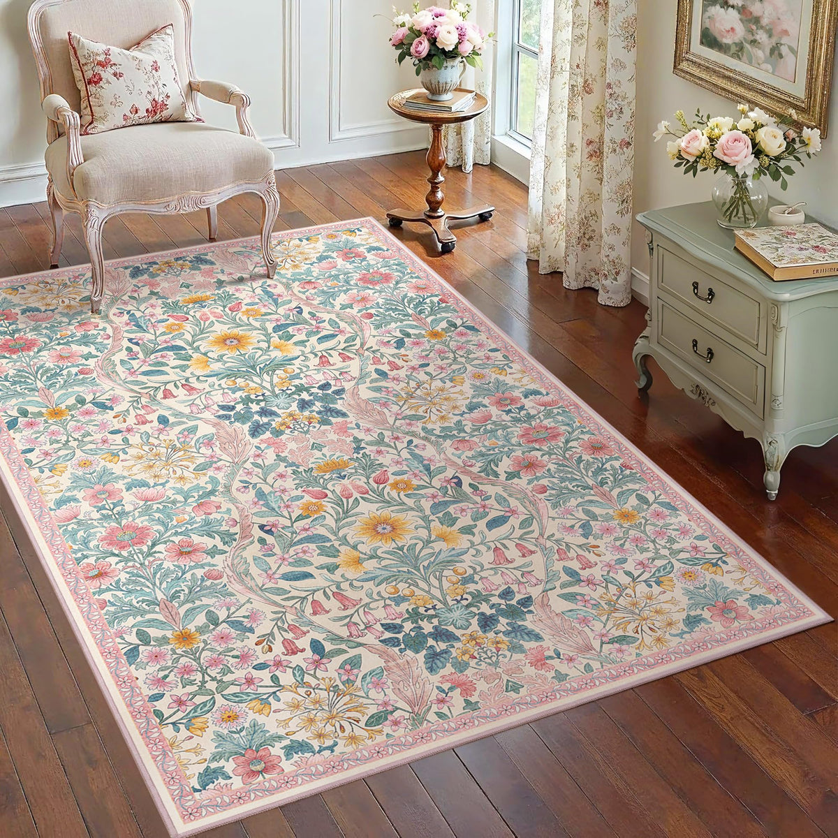 Floral Area Rug 5x7 Botanical Washable Carpet for Living Room