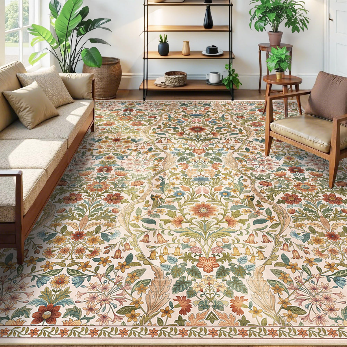 Floral Area Rug 5x7 Botanical Washable Carpet for Living Room