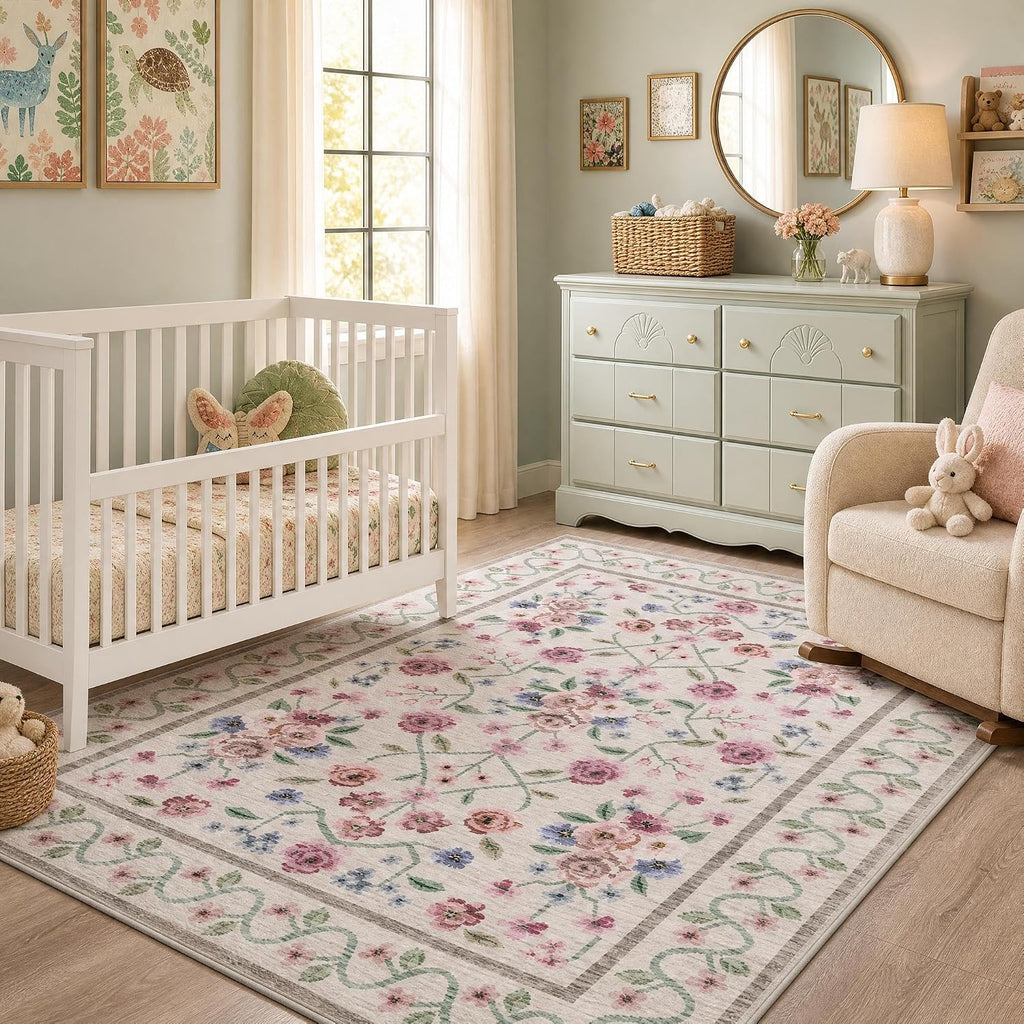 Garvee Beige Floral 5x7 Area Rug for Bedroom Living Room