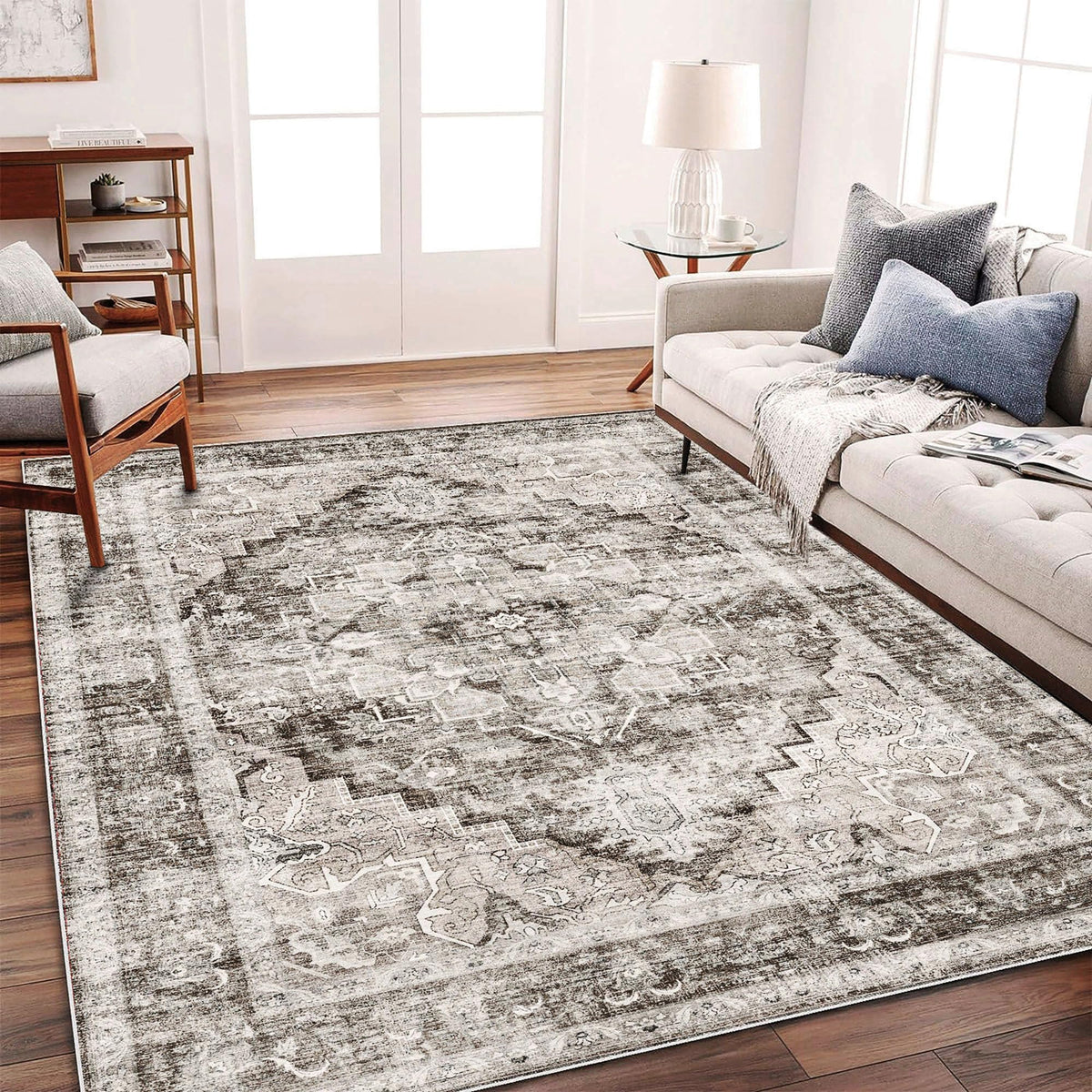CHAMPLANT 6'x9' Washable Vintage Area Rug Boho Chic Medallion Distressed Design Non-Shedding Easy Care Ideal for High Traffic Areas in Living Room Bedroom Kitchen Office Large Carpet