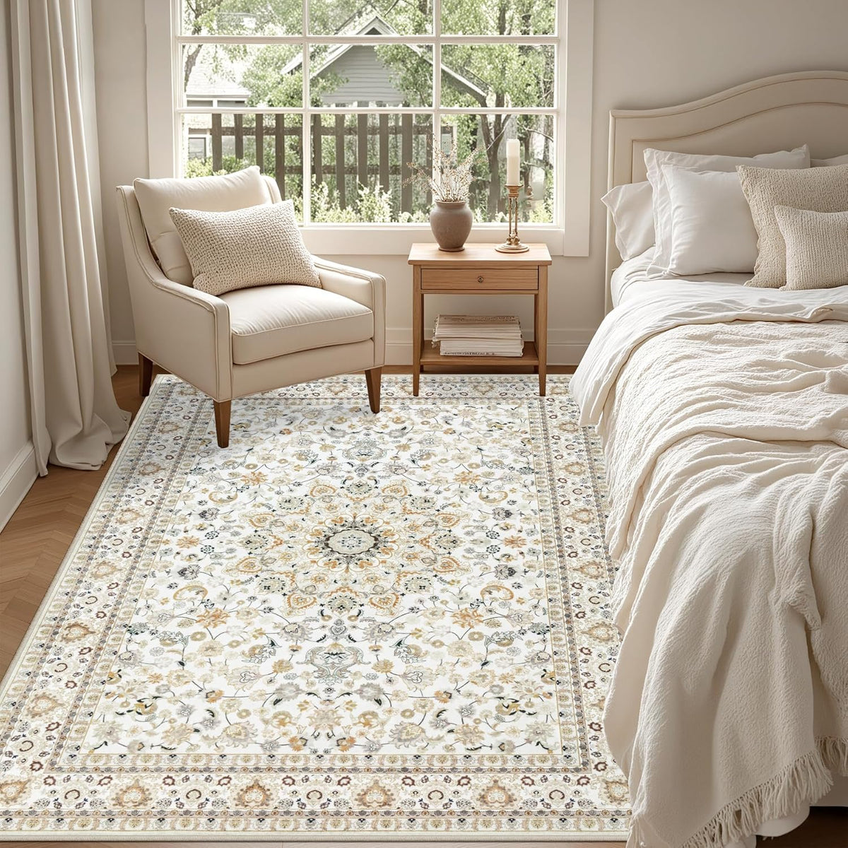 5x7 Area Rugs Living Room: Washable Vintage Rug for Bedroom Beige