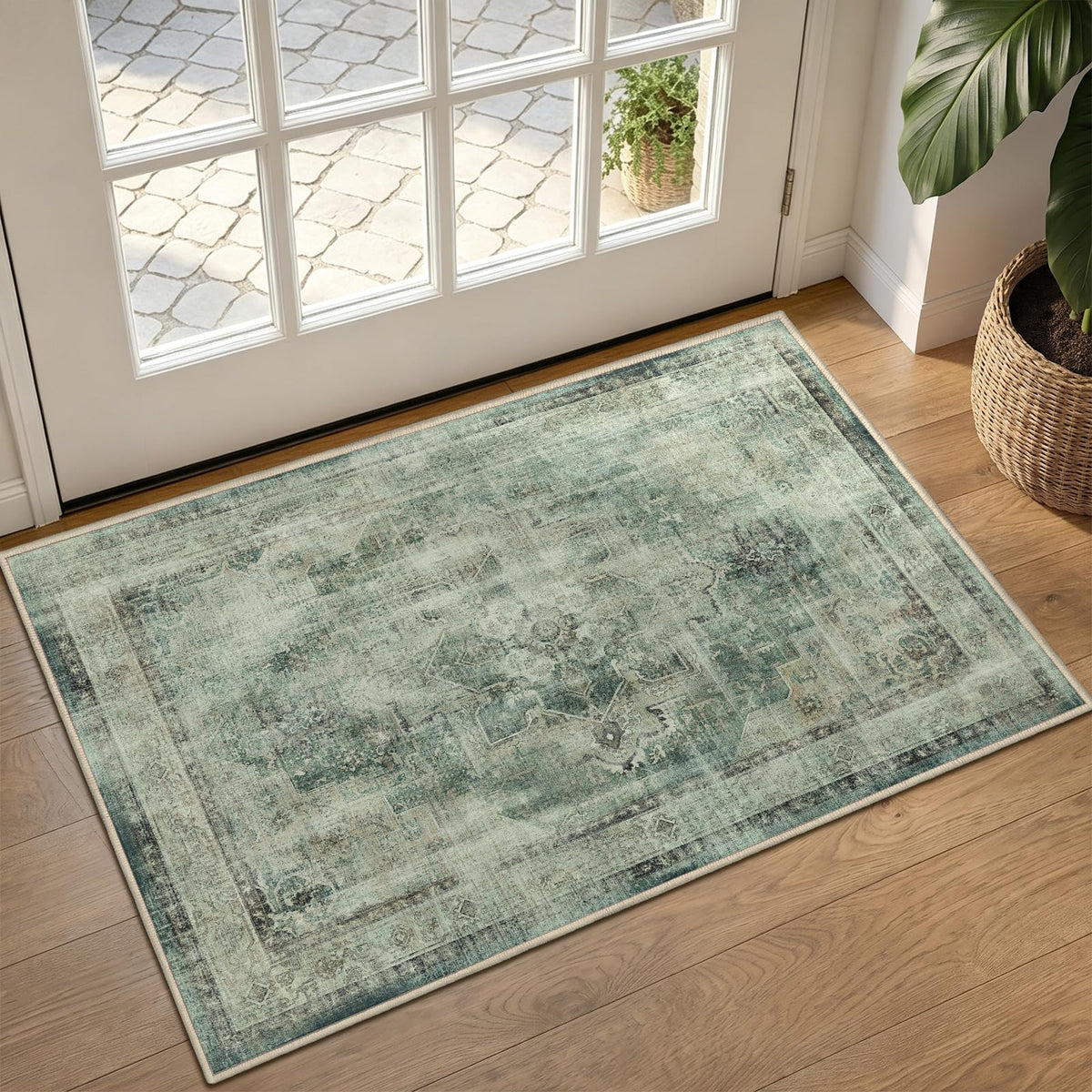 Vintage Dark Green Area Rugs 5x7 for Living Room, Tranditional Distressed Medallion Printed Low Pile Thin Rugs for Bedroom, Non Slip Washable Carpet Rugs for Dining Room/Kitchen/Home Office
