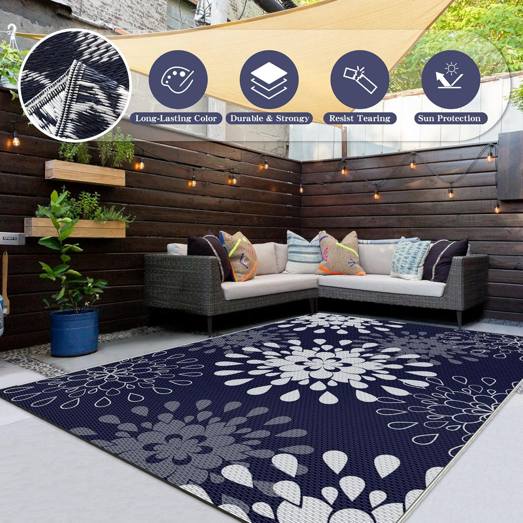 Wallona Outdoor Rug 5x8 ft, Flower Blue & White