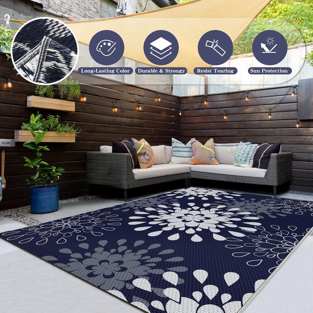 Wallona Outdoor Rug 5x8 ft, Flower Blue & White