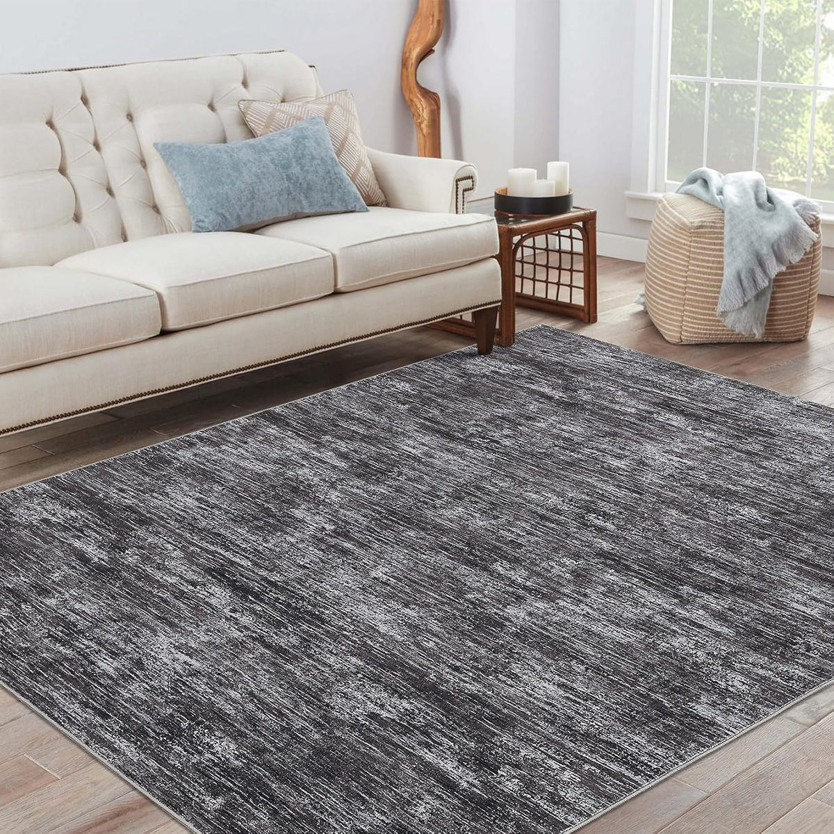 RUGSREAL Bedroom Area Rug 4x6 Modern Abstract Area Rug Stain Resistant Small Living Room Rug Contemporary Dining Room Rug Non-Slip Solid Rug Aesthetic Accent Floor Carpet for Kitchen Office, Dark Grey