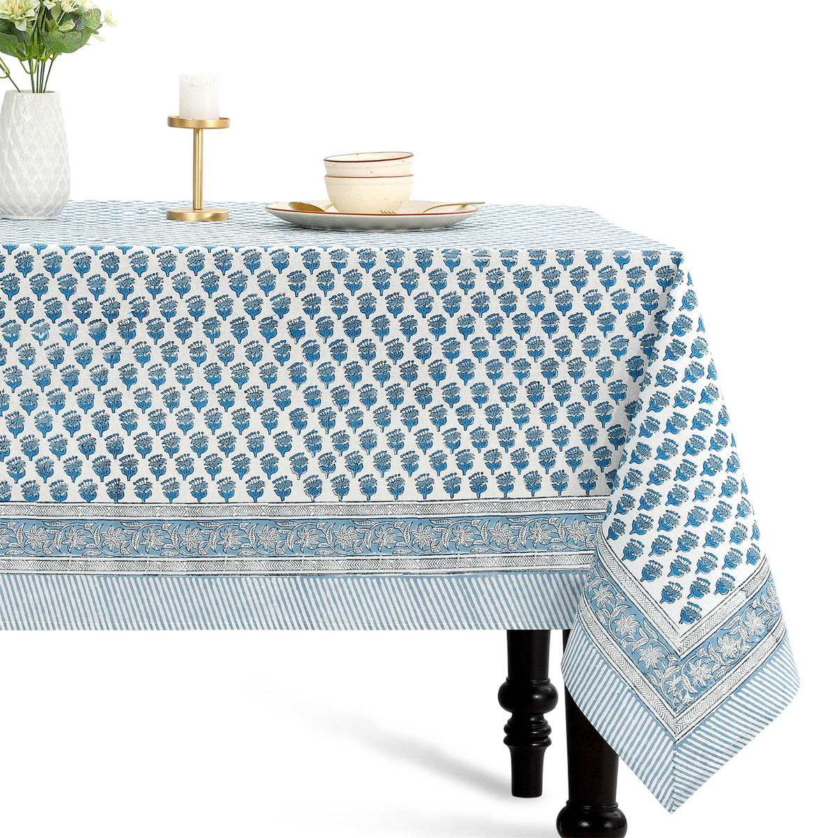 CPC Tablecloth 100% Cotton 70x108 Inch Indian Block Print Rectangle Table Cover, Blue Table Cloth for Weddings, Spring/Summer, Barbeque - Apatite Blue