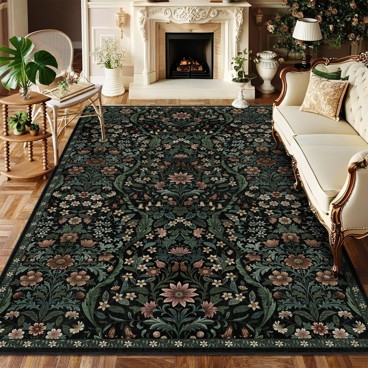 Floral Area Rug 5x7 Botanical Washable Carpet for Living Room