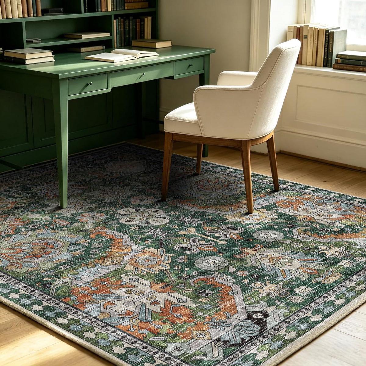 RUGSURE Washable Area Rugs - Perfect for Living Room, Bedroom, Kids Room, Nursery - Stain & Water Resistant Non-Slip, Pet & Child Friendly, Vintage Tribal Area Rugs (Green, 5' x 7')