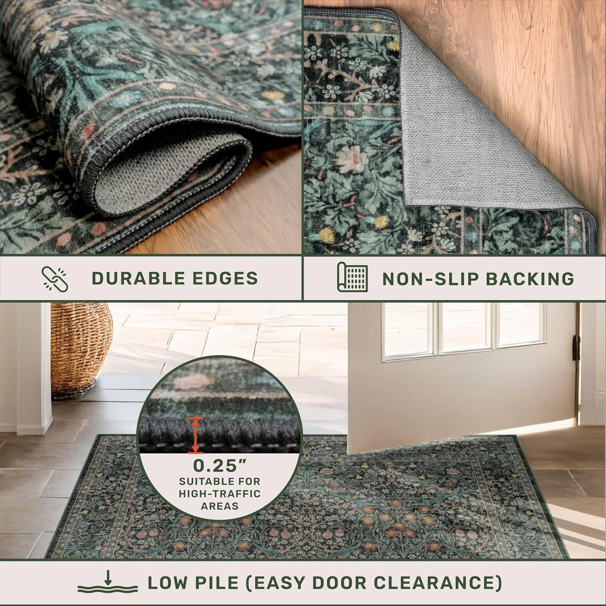 Vintage Floral Dark Green 3x5 Area Rugs for Entryway, Kitchen, Bedroom Beside Rug, Laundry Room, Non-Slip Low Pile Ultra Soft Stain Resistant Small Carpet