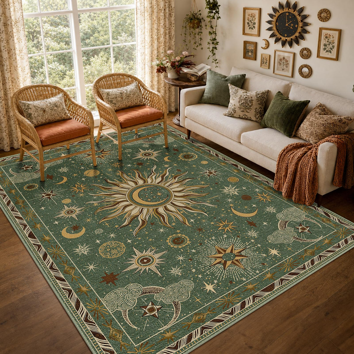Vacuum-Friendly, 5x7 Washable Area Rug, Black Gold Beige Red