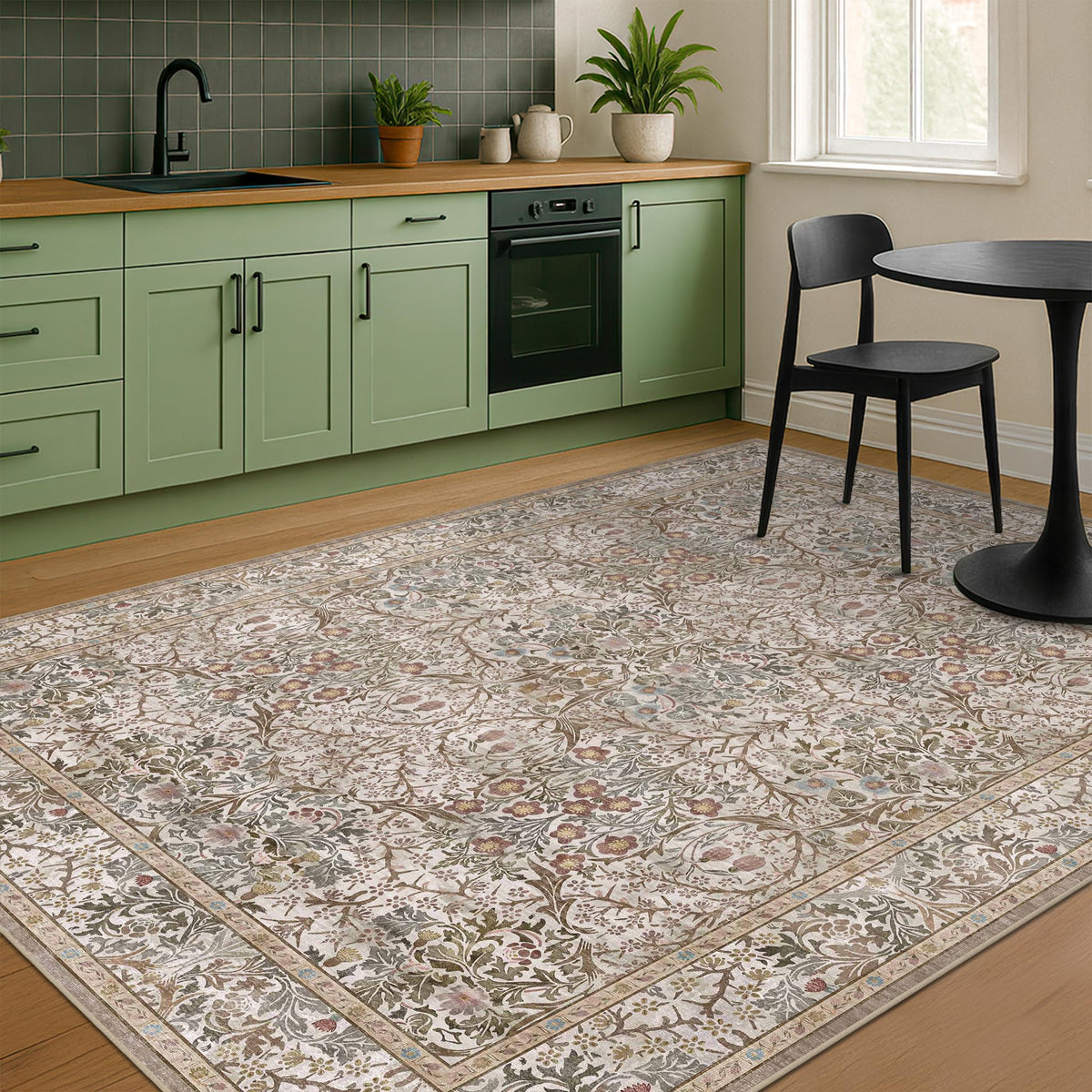 Vintage Floral Dark Green 3x5 Area Rugs for Entryway, Kitchen, Bedroom Beside Rug, Laundry Room, Non-Slip Low Pile Ultra Soft Stain Resistant Small Carpet