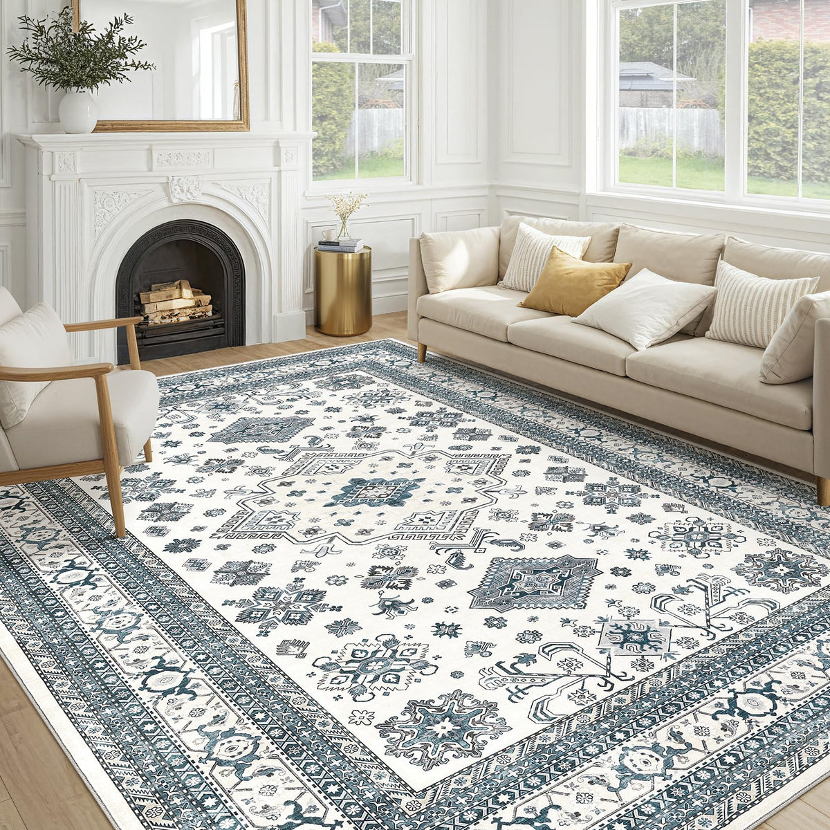 cotiled 5x7 Area Rug for Living Room, Washable, Traditional, Beige