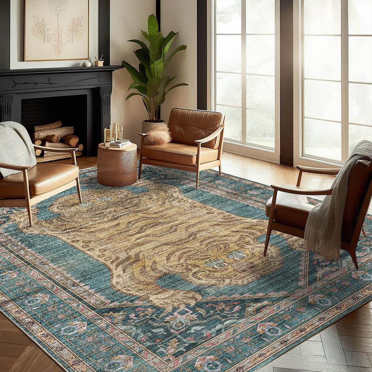 CHAMPLANT 6'x9' Washable Vintage Area Rug Boho Chic Medallion Distressed Design Non-Shedding Easy Care Ideal for High Traffic Areas in Living Room Bedroom Kitchen Office Large Carpet